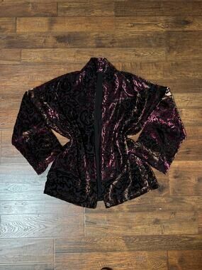 Vintage Style Velvet Burnout Drape Cardigan The Kooples Burgundy Gold Florals M